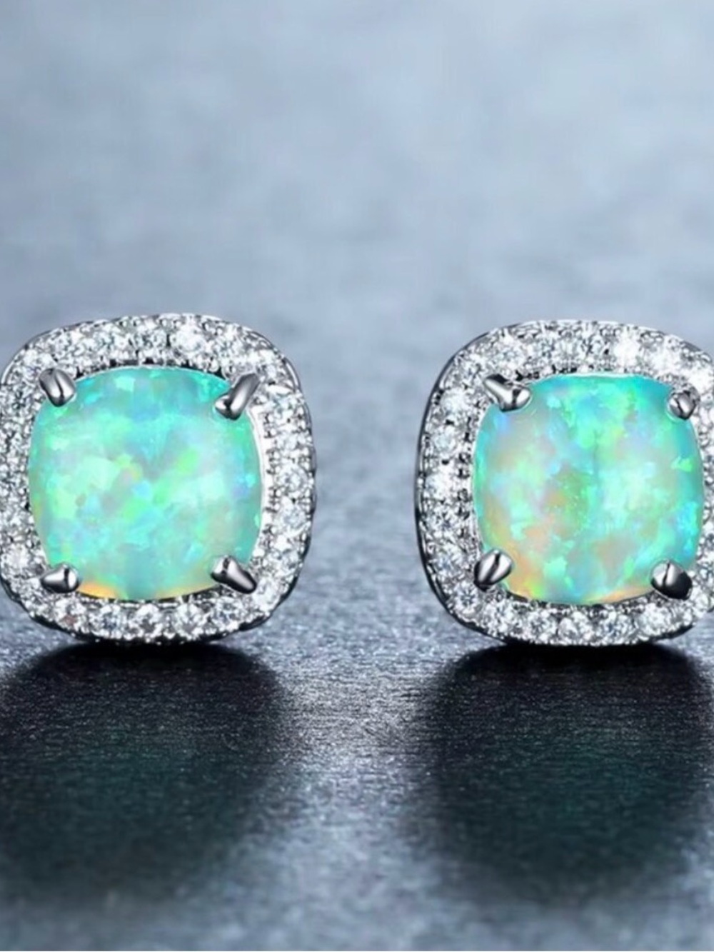 NEW Sterling Silver Blue Opal Diamond Earrings Cushion Cut
Stud Earrings